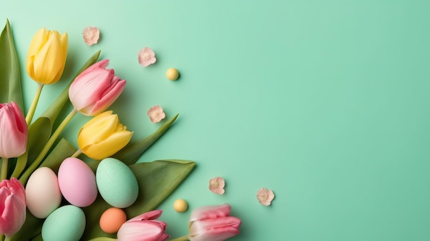 Happy Easter background with tulips and decorative eggs