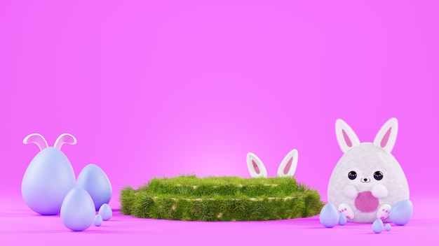 Photo happy easter banner 3d render cartoon cute rabbit bunny ears and eggs easter pedestal with grass