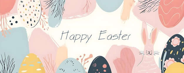 Happy Easter banner Trendy Easter design with typography hand painted strokes and dots eggs and bunny in pastel colors Modern minimal style