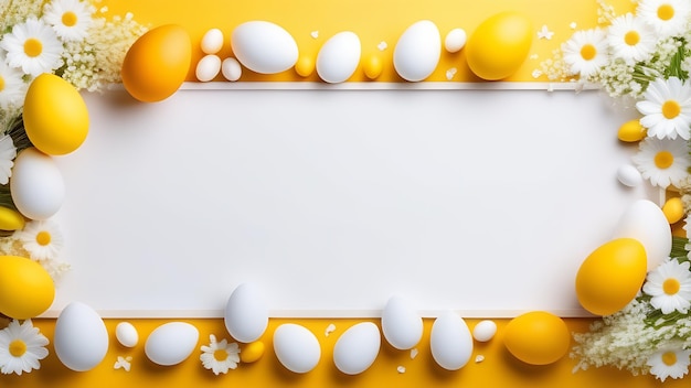 Happy Easter banner white background with spring holiday yellow eggs frame empty copy space