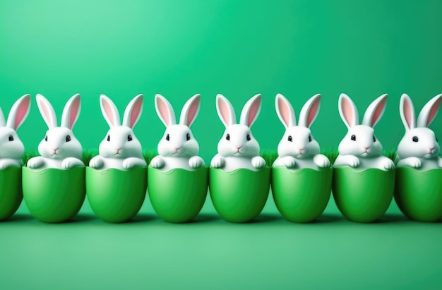 イースター・バナー パステル・グリーン・バックグラウンドの緑色のイースター・エッグから孵化した可愛いイースターウサギ 破れた卵に座っているイースターのウサギのイラスト ハッピー・イースターグリーティングカード コピースペース