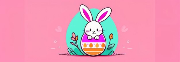 Foto bandiera di buona pasqua con un carino coniglietto di pasqua che si schiuda da un uovo di pasqua rosa su uno sfondo rosa pastello illustrazione di un coniglio di pasqua seduto in un guscio di uovo rotto buona carta di auguri di pasqua copia spazio