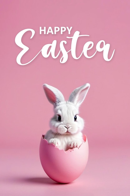 Happy Easter banner with inscription Happy Easter Cute Easter bunny hatching from pink Easter egg