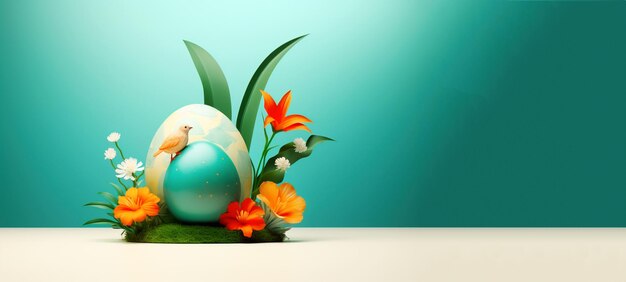 Photo happy easter bannereggs beard and flowers green background banner for design with copy space ai
