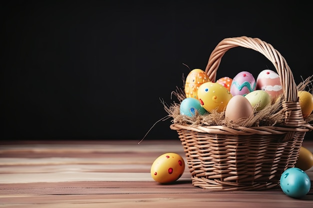 Happy Easter basket and many pastel color Easter eggs