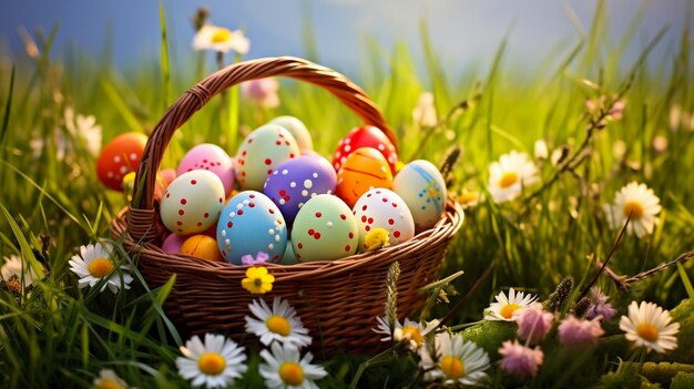 Happy Easter Basket with Easter eggs in grass on a sunny spring day Easter decoration banner panoram