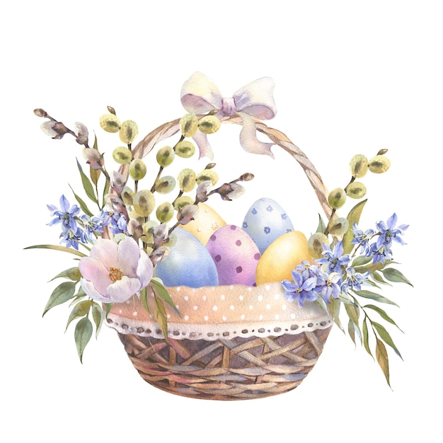 Happy easter basket with spring flowers willows colorful eggs hand drawn watercolor illustration