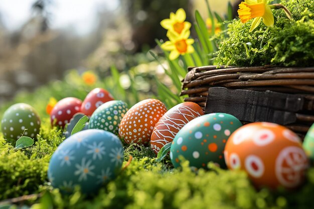 부활절 축하 밝은 색의 부활절 달과 푸른 정원에서의 나포