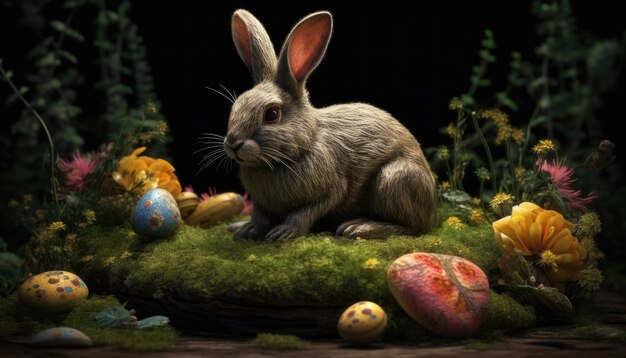 Happy Easter bunny and easter eggs Generative Ai