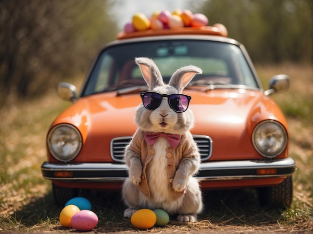 Foto buon coniglio di pasqua con gli occhiali guida l'auto generata dall'ia