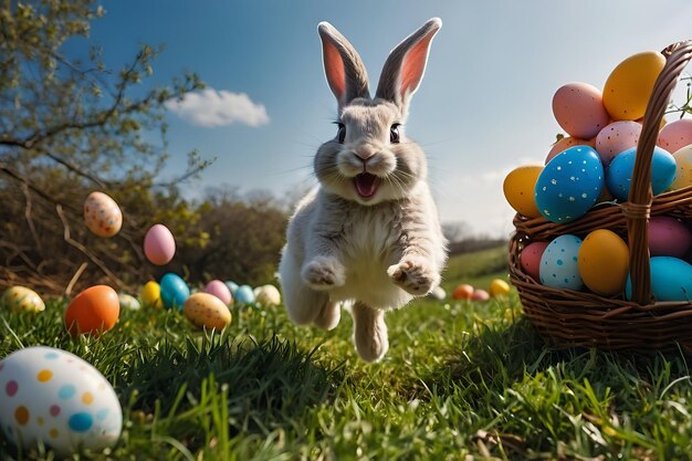 happy Easter bunny jumping with joy with many Easter eggs