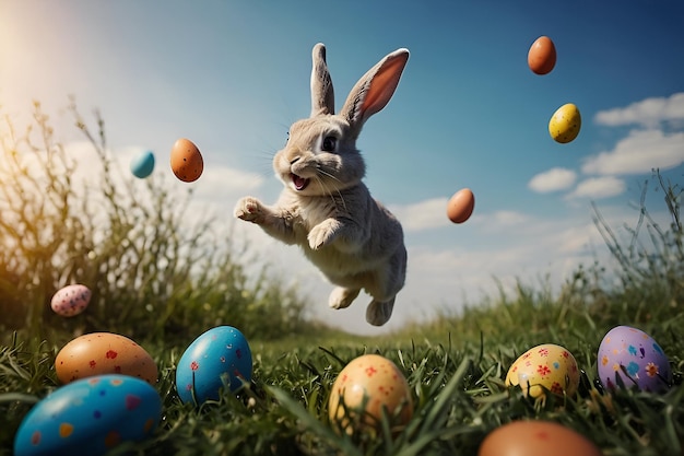 happy Easter bunny jumping with joy with many Easter eggs