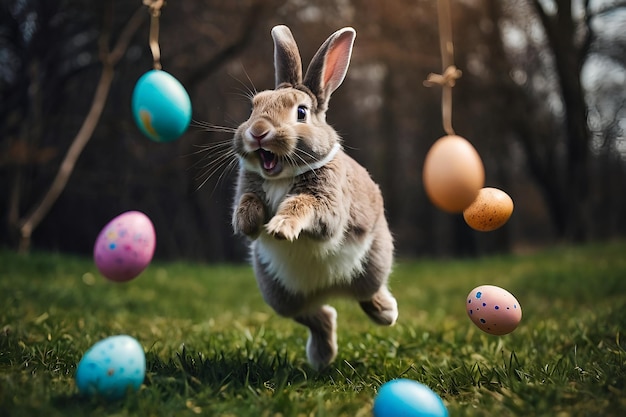 幸せなイースターウサギが多くのイースター卵を持って喜びでジャンプしています