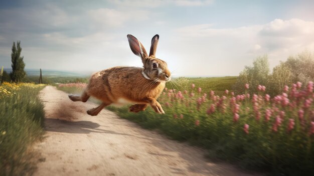 Happy Easter Bunny Racing Under Blue Sky in Lush Spring Landscape