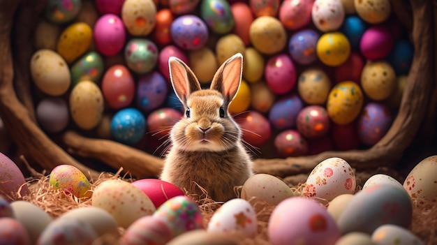 Счастливый пасхальный кролик с множеством красочных пасхальных яиц Generative AI