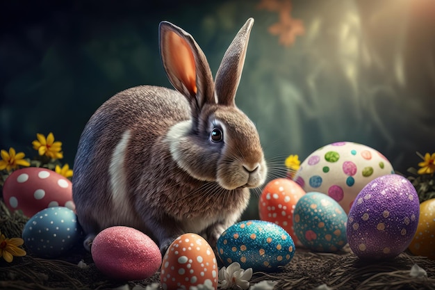 Happy Easter Bunny with many colorful easter eggs Illustrator AI Generative