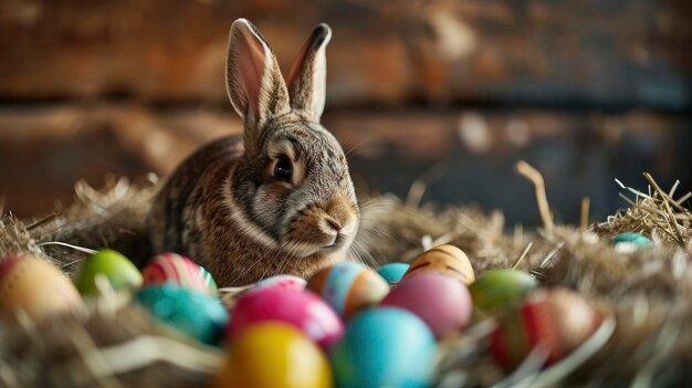 Happy easter bunny with many colorful easter eggs