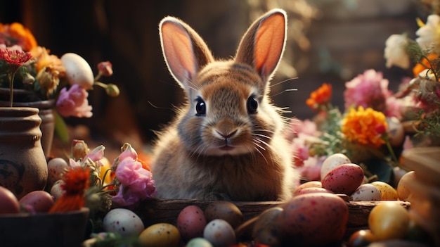 Happy Easter bunny with many colorful Easter eggs