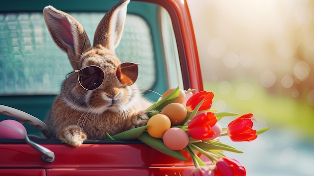 Foto buon pasqua coniglietto con gli occhiali da sole su un camion rosso con un bouquet di tulipani sullo sfondo soleggiato