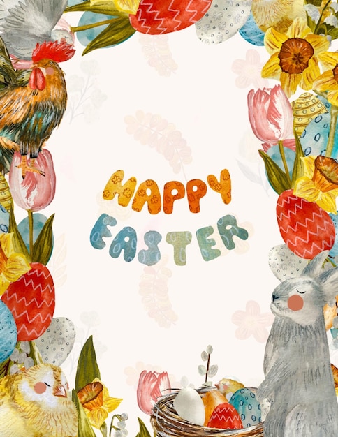 Happy Easter Card frame rabbit flower eggs sketch. A watercolor illustration. Hand drawn texture.