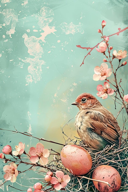 Фото Счастливая пасхальная открытка в светлом пастельном стиле, винтажная иллюстрация с яйцами, курицей и цветами