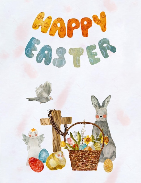 Happy Easter Card konijn bloem kruis eieren engel schets. Een aquarel illustratie. Hand getekend.