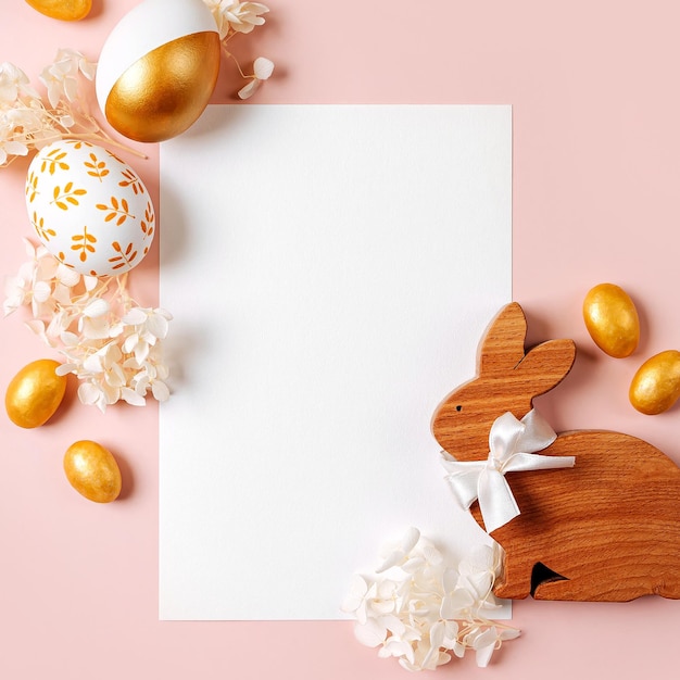 행복 한 부활절 카드 모의 파스텔 핑크 배경 휴일 개념에 부활절 황금 계란 사탕과 꽃을 가진 빈 카드