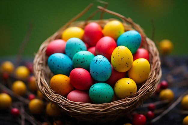 Happy easter card with bunny and eggs in the sky