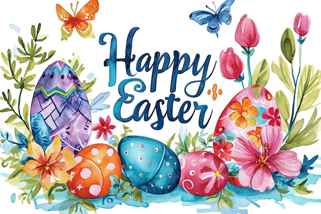 Happy Easter card with colorful eggs and flowers watercolor illustration