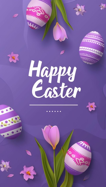 Happy Easter card with purple background with colorful eggs pastel spring flowers advertising Poster