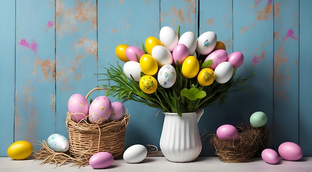 Happy Easter Celebration easter background Easter eggs and flowers created with Generative AI technology