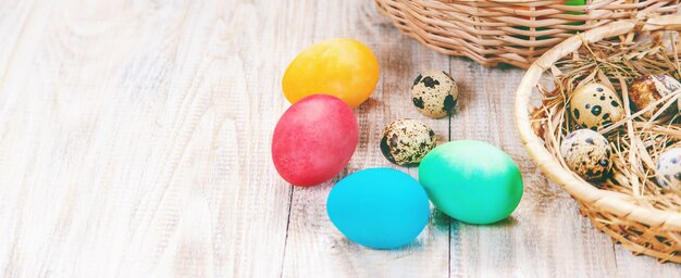 Happy easter celebration, easter eggs on white wood