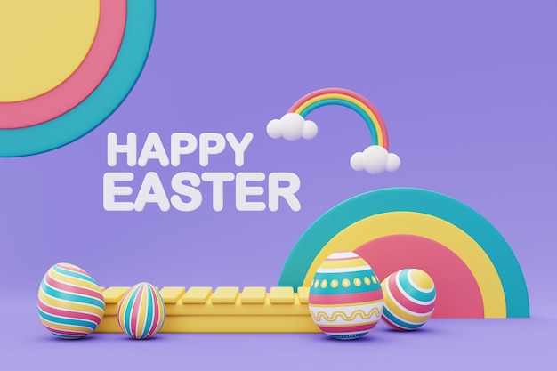 Фото Счастливой пасхи красочный фон с пасхальными яйцами и подиумоммеждународный весенний праздникминимальный стиль3d рендеринг