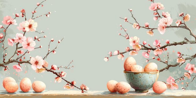写真 ハッピーイースター カラフルなイースター チョコレートの卵 桜の花 背景は平らで スタイリッシュで 優しい