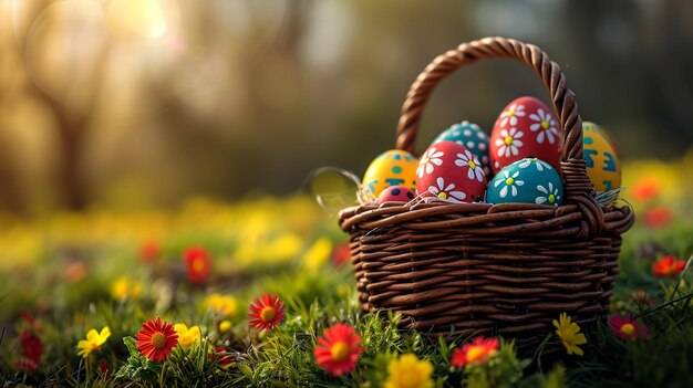 Happy Easter Colorful eggs in wicker baskets in open air Holiday background with copyspace