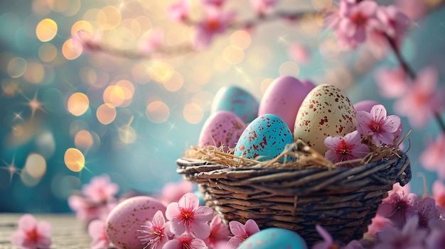 Счастливой Пасхи Цветные яйца в плетеных корзинах на открытом воздухе Праздничный фон с копирацией