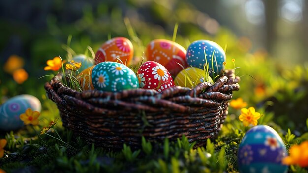 Happy Easter Colorful eggs in wicker baskets in open air Holiday background with copyspace