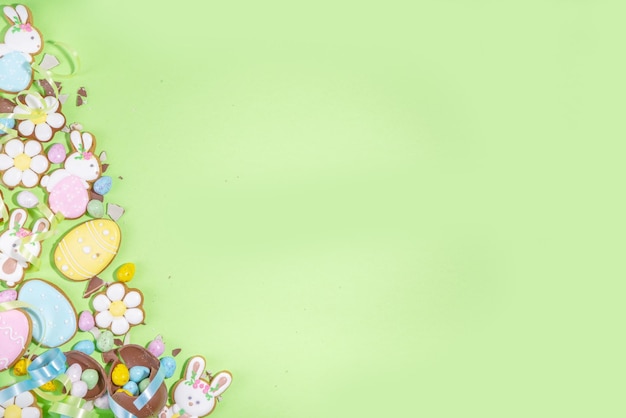 행복한 부활절 다채로운 플랫레이 다채로운 설탕과 초콜릿 부활절 달걀 설탕 유약 쿠키와 밝은 녹색 배경 상단 보기 복사 공간에 축제 휴일 리본