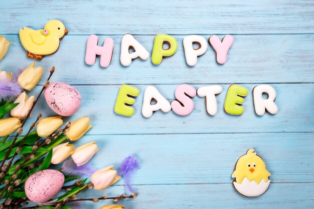 happy easter colorful lettering happy easter of ginger biscuits and cookies chicken