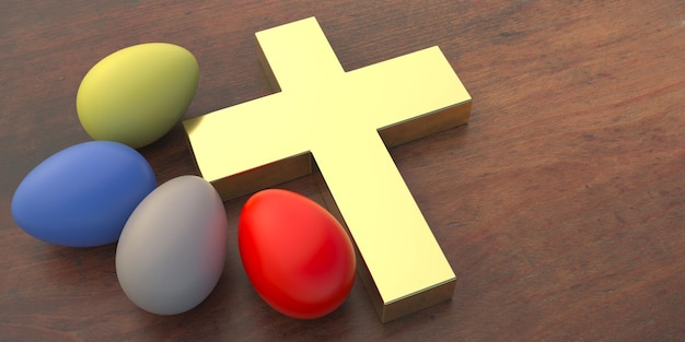 Happy easter colorful painted eggs and holy cross on wooden\
background 3d illustration