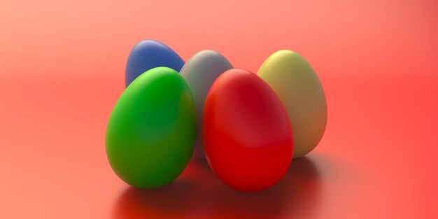 Happy Easter colorful painted eggs on red color background 3d illustration