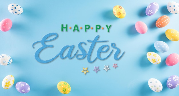 Happy easter Colourful of Easter eggs on pastel blue background Greetings and presents for Easter Day celebrate time