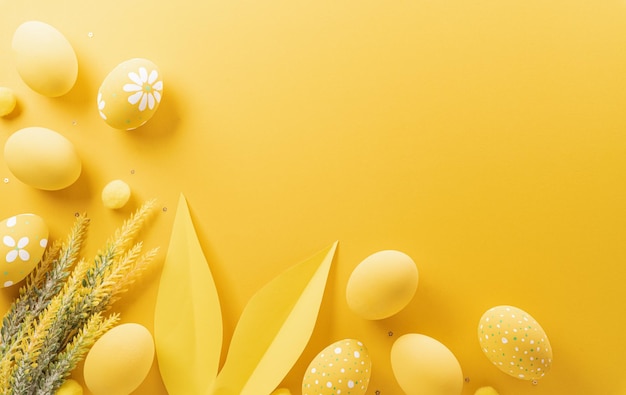 Happy easter Colourful Easter eggs on yellow background Decoration concept for greetings and presents on Easter Day celebrate time