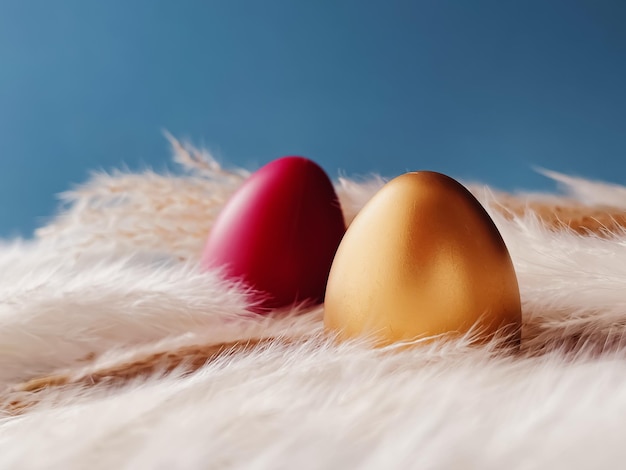 행복 한 부활절 다채로운 페인트 부활절 달걀 파란색 배경 기독교 종교와 휴일 개념