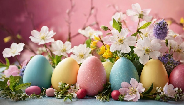 Happy Easter composition colorful eggs among spring flowers on pastel purple background