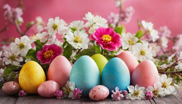Happy Easter composition colorful eggs among spring flowers on pastel purple background