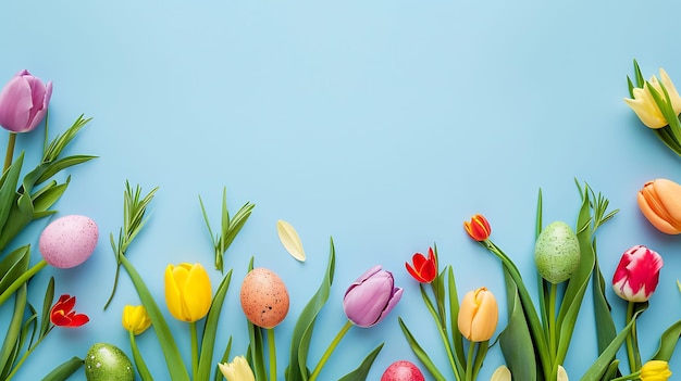 Happy Easter concept border made of tulips spring flowers and colorful Easter eggs blue background