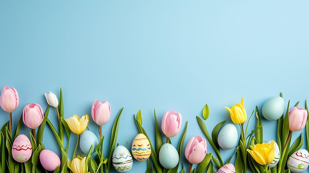 Happy Easter concept border made of tulips spring flowers and colorful Easter eggs blue background