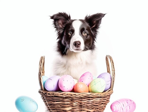 Foto buon concetto di pasqua dolce cucciolo di border collie vicino a un cesto con uova di pasqua