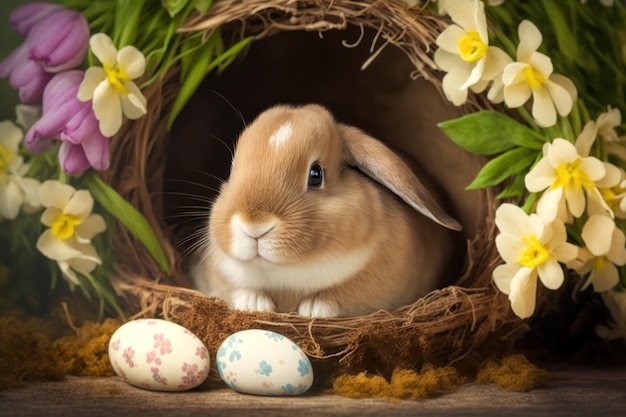 Happy easter concept Cute bunny rabbit in nest with painted easter eggs and flower holiday festive background